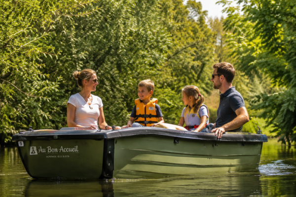 famille-barque-electrique famille en balade dans le marais audomarois en barque à moteur électrique